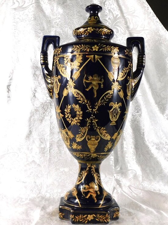 Other - Big Blue Jar, Vase, or Urn with Angels # 27259